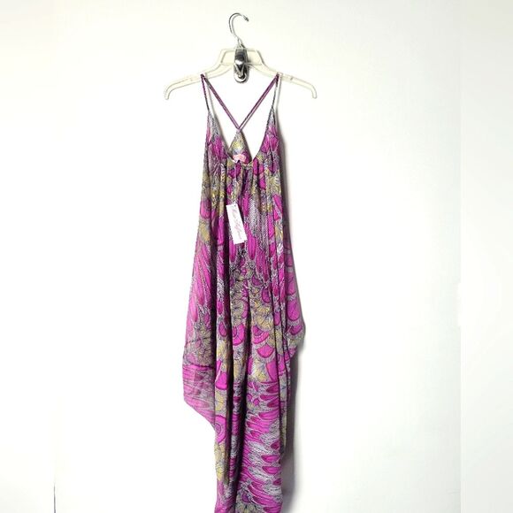 NWT Mara Hoffman Feather Pink Peacock Sheer Long Beach Swim Cover Up Sexy Boho - Picture 1 of 12